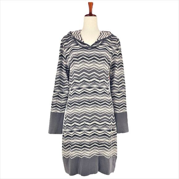 PRANA Meryl Hooded Long-Sleeve Sweater Dress in Coal Gray Chevron Stripe Size M - Picture 1 of 10